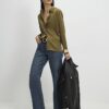 Khaki Satin Long Sleeve Slim Fit Shirt