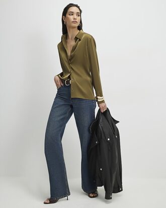 Khaki Satin Long Sleeve Slim Fit Shirt