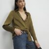 Khaki Satin Long Sleeve Slim Fit Shirt