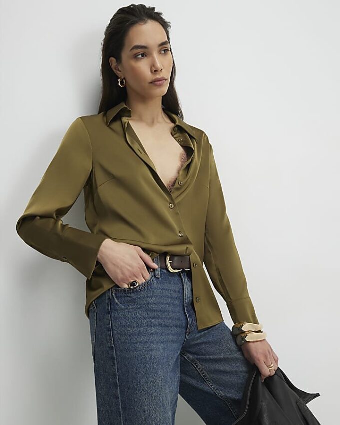 Khaki Satin Long Sleeve Slim Fit Shirt