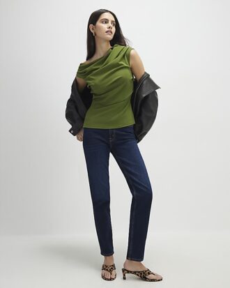 Khaki Short Sleeve Drape Off Shoulder Top