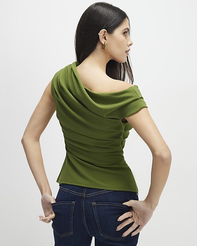 Khaki Short Sleeve Drape Off Shoulder Top