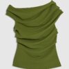 Khaki Short Sleeve Drape Off Shoulder Top