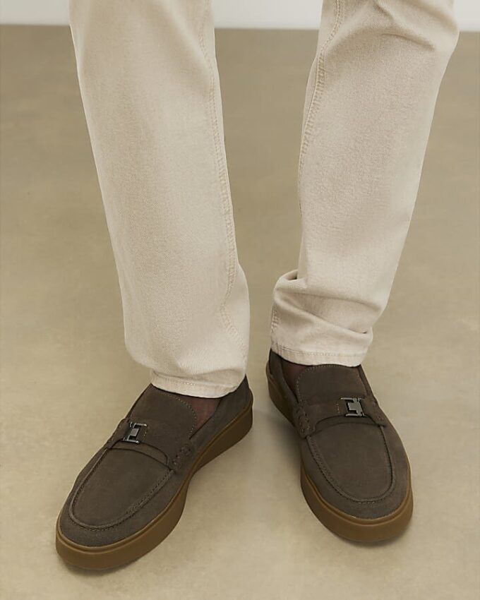 Khaki Suede Buckle Loafers