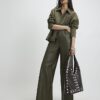 Khaki Wide Leg Buckle Faux Leather Trousers