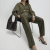 Khaki Wide Leg Buckle Faux Leather Trousers