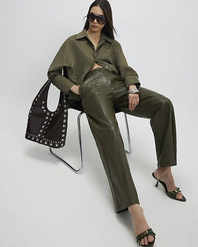 Khaki Wide Leg Buckle Faux Leather Trousers