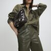 Khaki Wide Leg Buckle Faux Leather Trousers