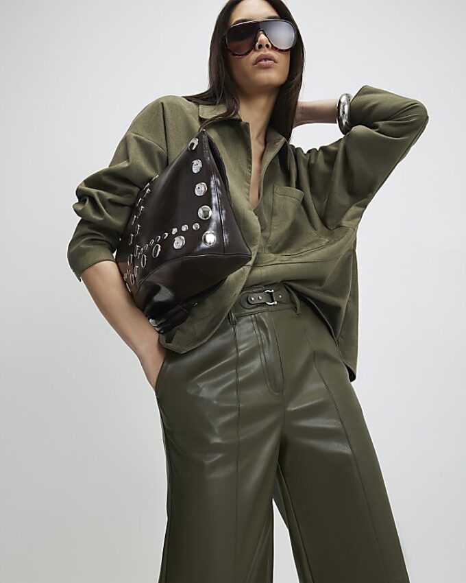 Khaki Wide Leg Buckle Faux Leather Trousers
