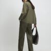 Khaki Wide Leg Buckle Faux Leather Trousers
