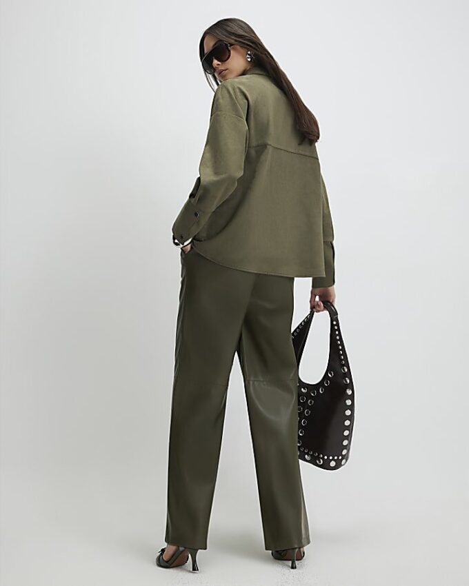 Khaki Wide Leg Buckle Faux Leather Trousers