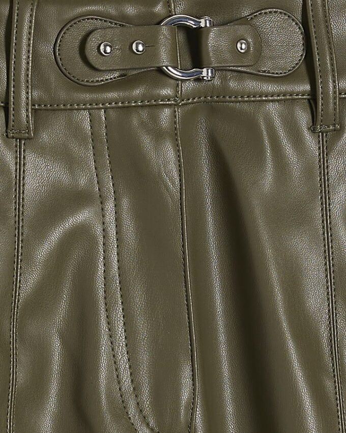 Khaki Wide Leg Buckle Faux Leather Trousers