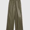 Khaki Wide Leg Buckle Faux Leather Trousers