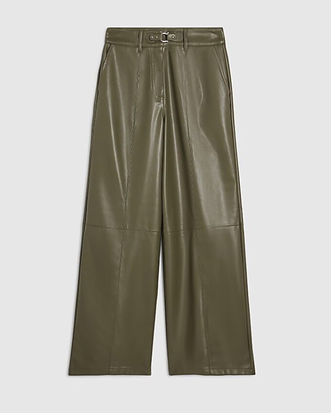 Khaki Wide Leg Buckle Faux Leather Trousers