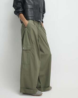 Khaki Wide Leg Cargo Trousers Khaki Wide Leg Cargo Trousers