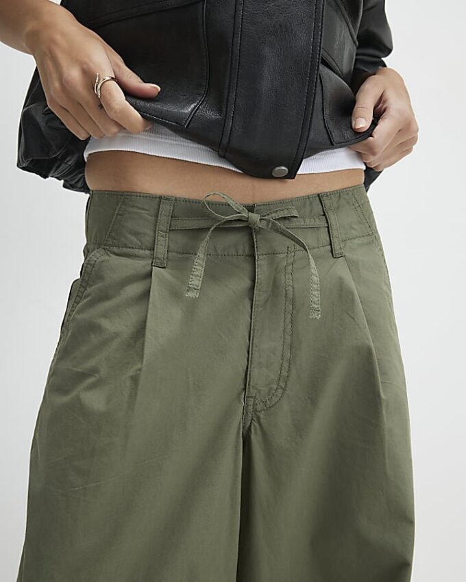 Khaki Wide Leg Cargo Trousers