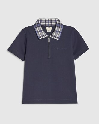 Mini Boys Navy Check Collar Polo Shirt