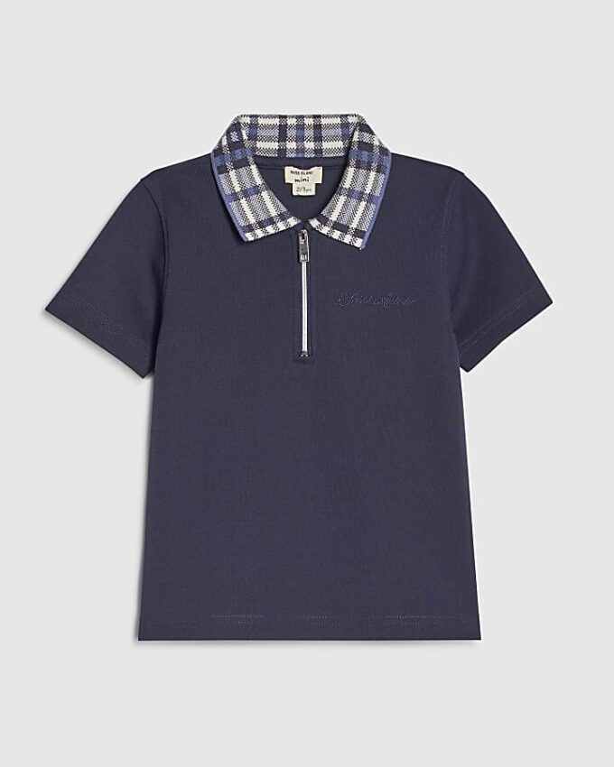 Mini Boys Navy Check Collar Polo Shirt
