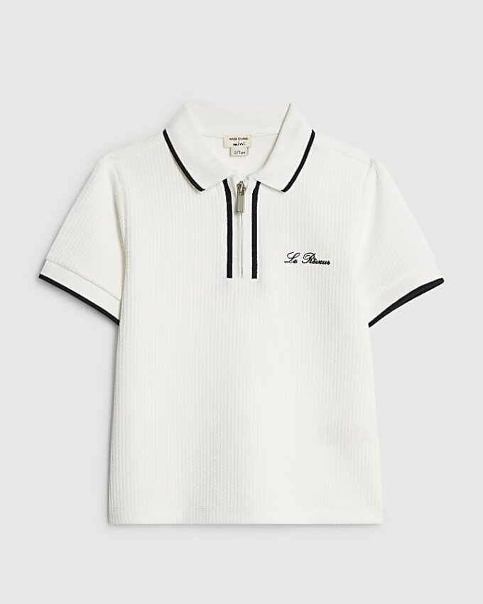 Mini Boys White Slim fit Textured Polo Shirt