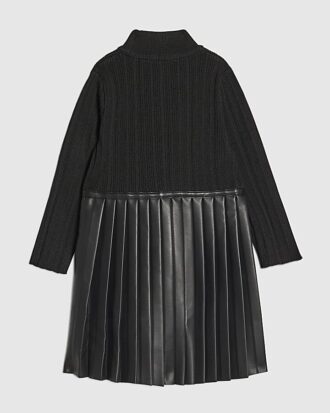 Mini Girls Black Faux Leather Pleated Dress