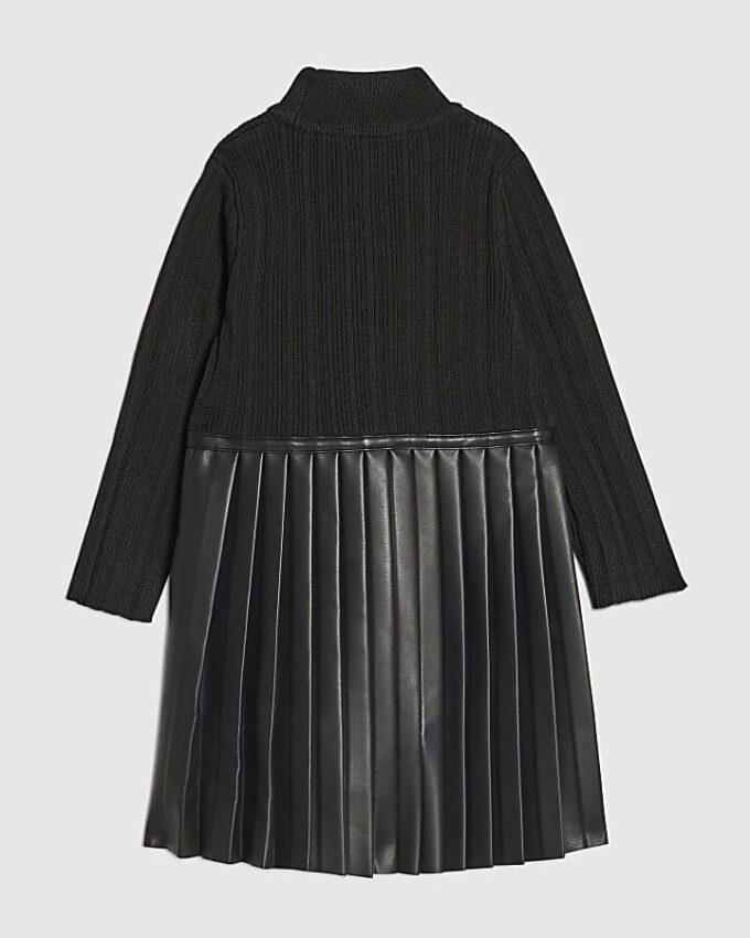 Mini Girls Black Faux Leather Pleated Dress