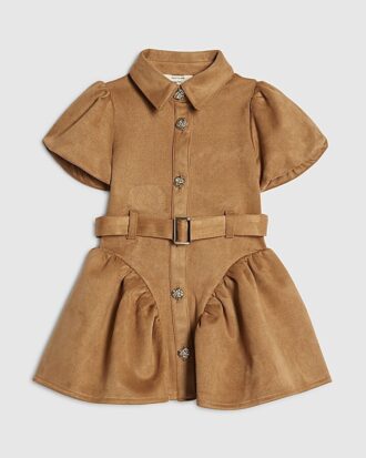 Mini Girls Brown Faux Suede Shirt Dress