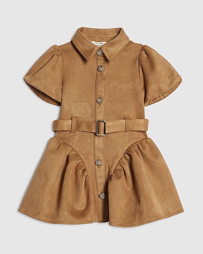 Mini Girls Brown Faux Suede Shirt Dress
