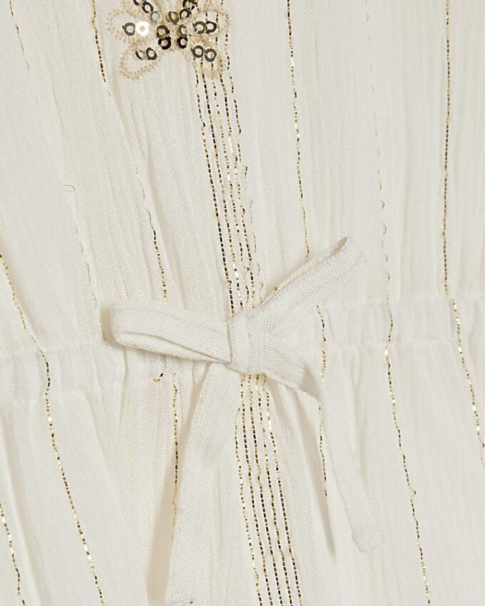 Mini Girls Cream Embroidered Sequin Kaftan