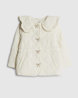 Mini Girls Cream Quilted Collar Jacket