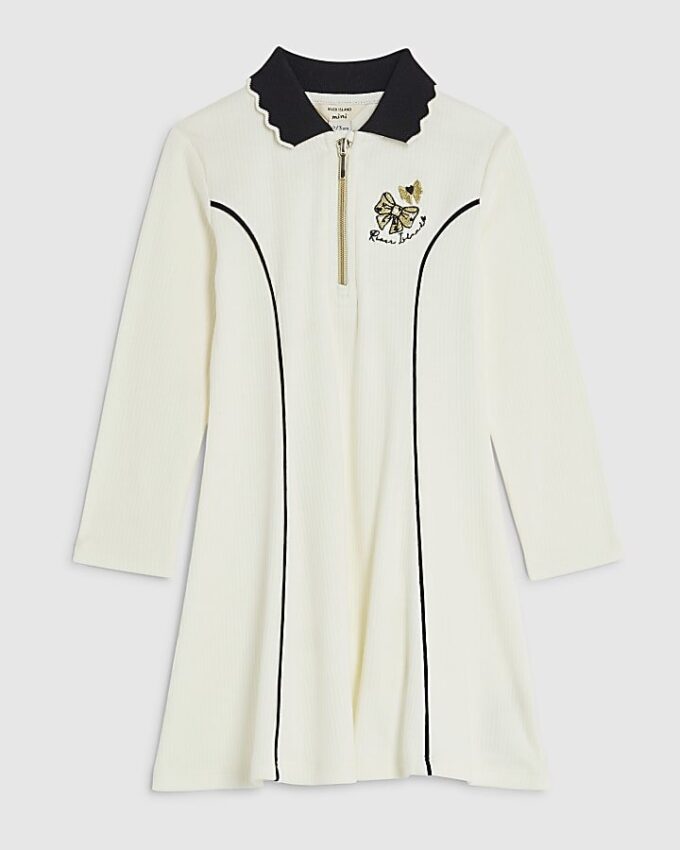 Mini Girls Cream Ribbed Zip Polo Dress