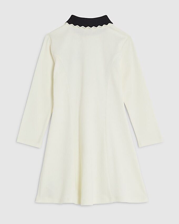 Mini Girls Cream Ribbed Zip Polo Dress