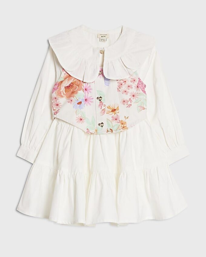 Mini Girls White Floral 2in1 Shirt Dress