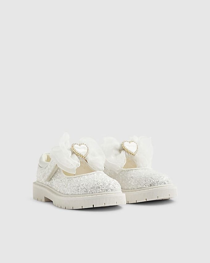 Mini Girls White Glitter Bow Mary Jane Shoes