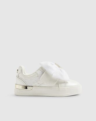 Mini Girls White Monogram Velcro Bow Trainers