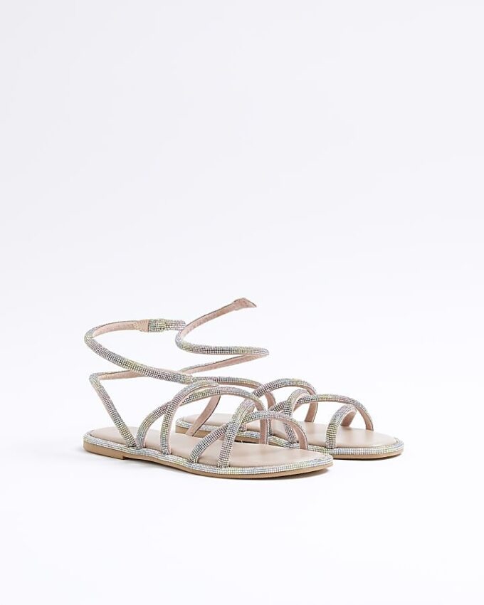 Multi Colour Embellished Ankle Wrap Sandals