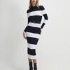 Navy Belted Stripe Midi Dress