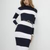 Navy Belted Stripe Midi Dress