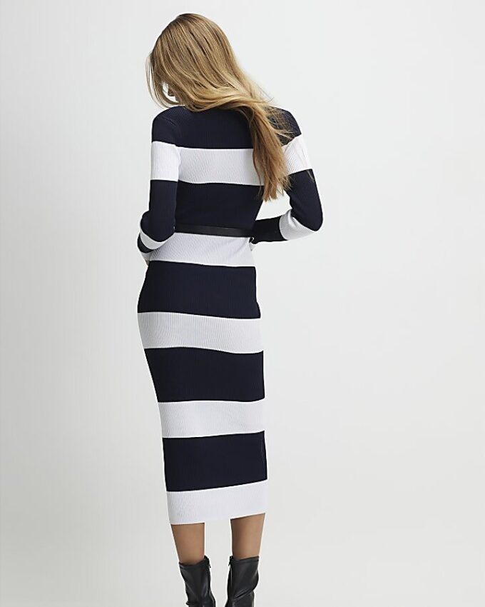 Navy Belted Stripe Midi Dress