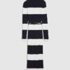Navy Belted Stripe Midi Dress