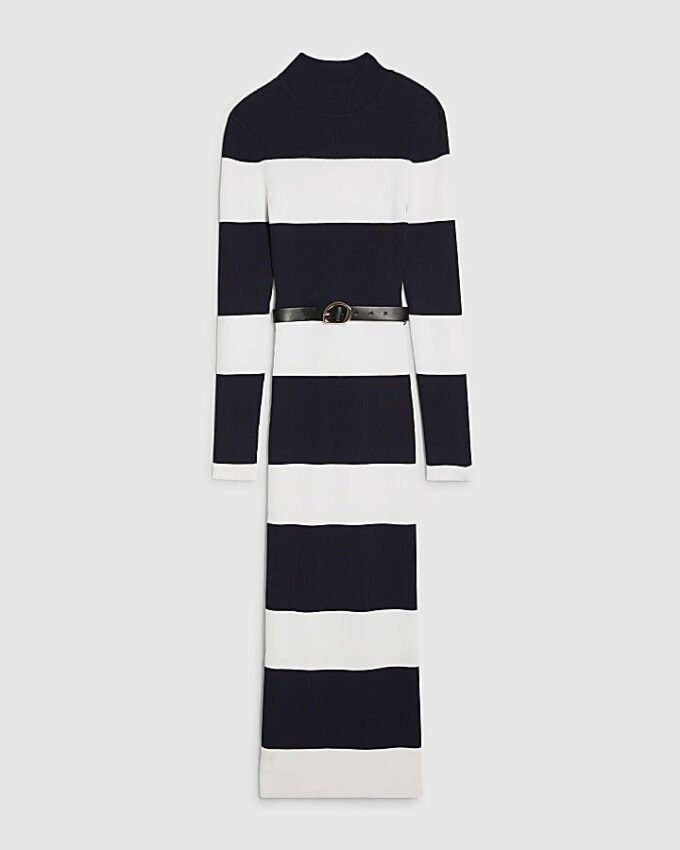 Navy Belted Stripe Midi Dress