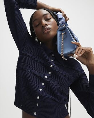 Navy Collared Flower Detail Cardigan