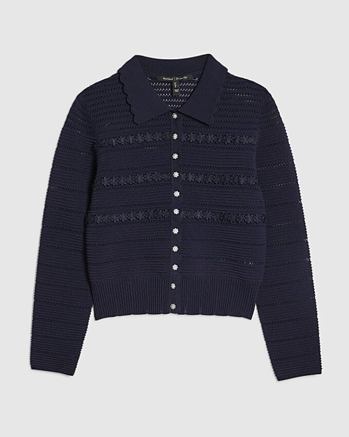 Navy Collared Flower Detail Cardigan