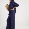 Navy Crinkle Wide Leg Trousers