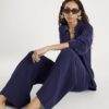 Navy Crinkle Wide Leg Trousers
