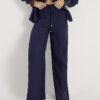 Navy Crinkle Wide Leg Trousers