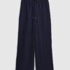 Navy Crinkle Wide Leg Trousers