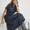 Navy Faux Leather Midi Shirt Dress