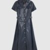 Navy Faux Leather Midi Shirt Dress