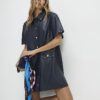 Navy Faux Leather Scallop Trim Studded Dress