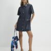 Navy Faux Leather Scallop Trim Studded Dress
